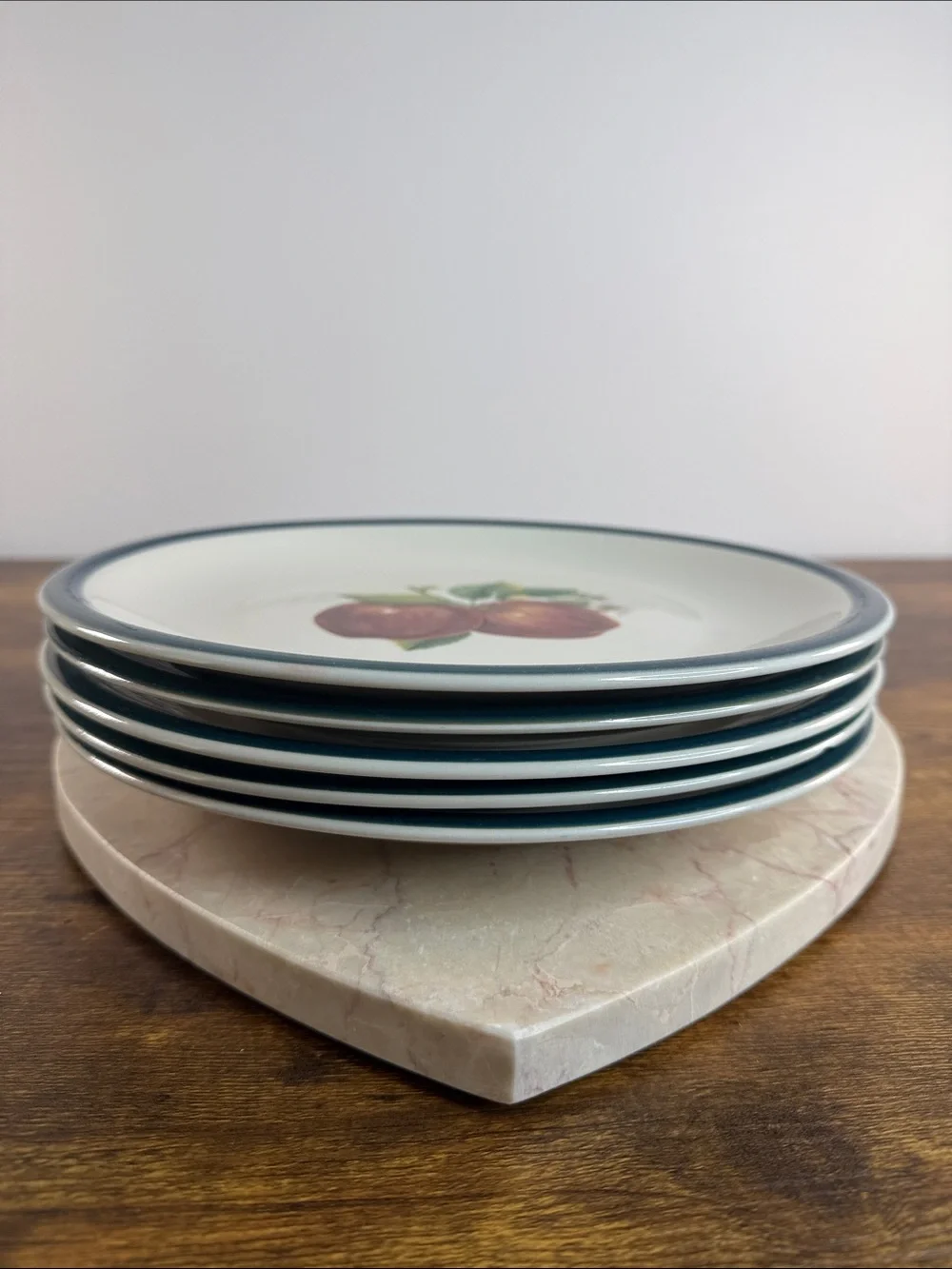 White Ceramic Dinner Plate with Teal Rim and Red Apple Motif Set Of 5